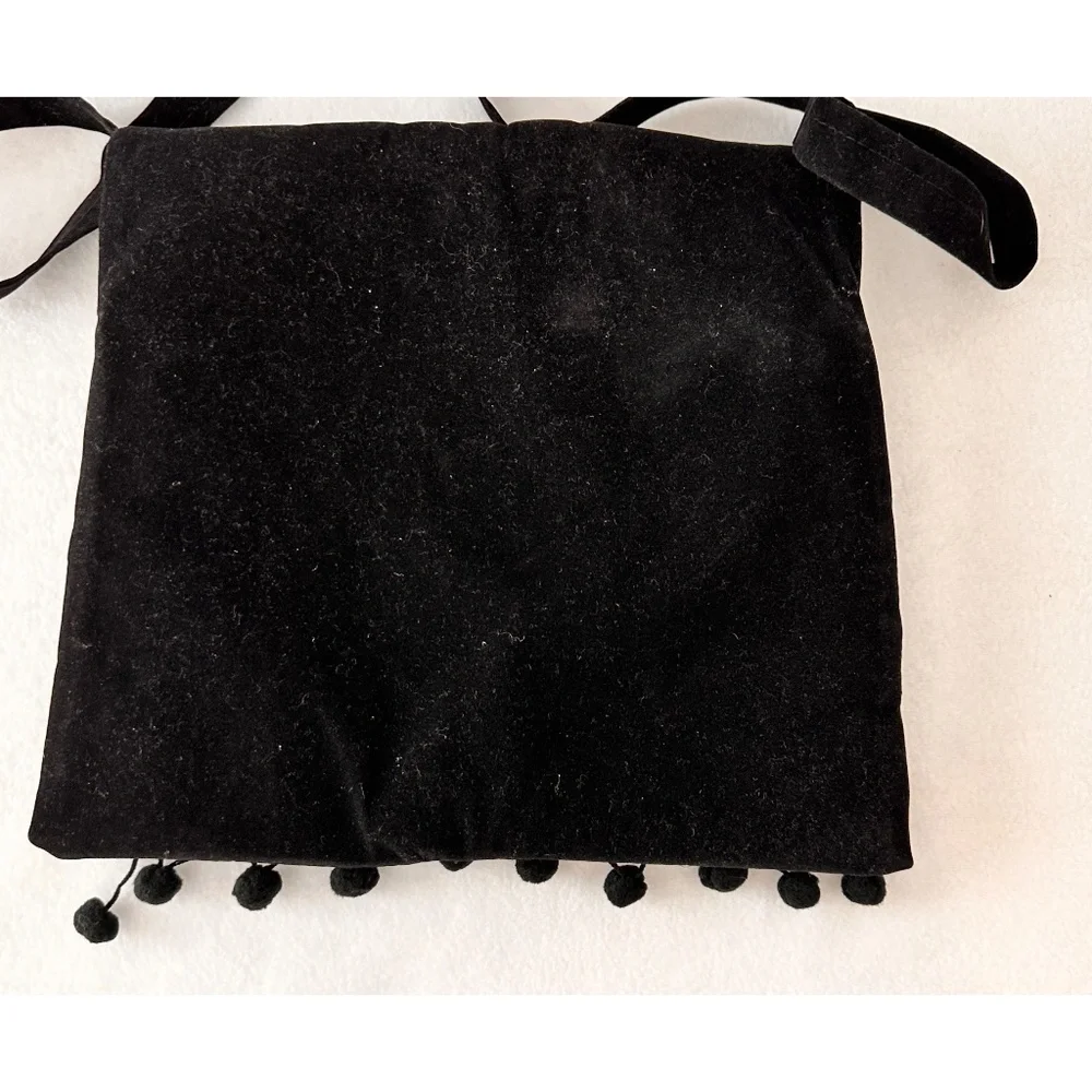 Black Crush Velvet Colorful  Front Embroidered Long Strap Purse